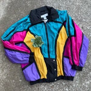 Vintage Retro 80s 90s Western Color Block Oversized Bomber Jacket